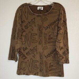 Chico's Design 3 (XL) Brown Embroidered Long Sleeve Top with 3/4 Sleeves